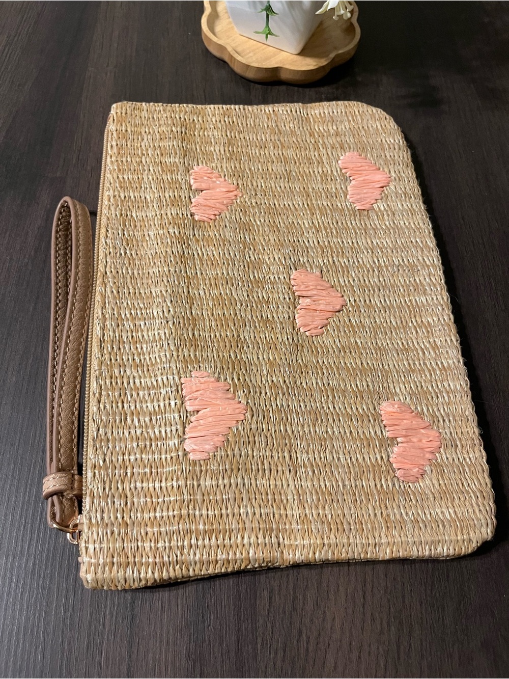 Straw Wristlet Clutch with Pink Hearts by Lauren Conrad